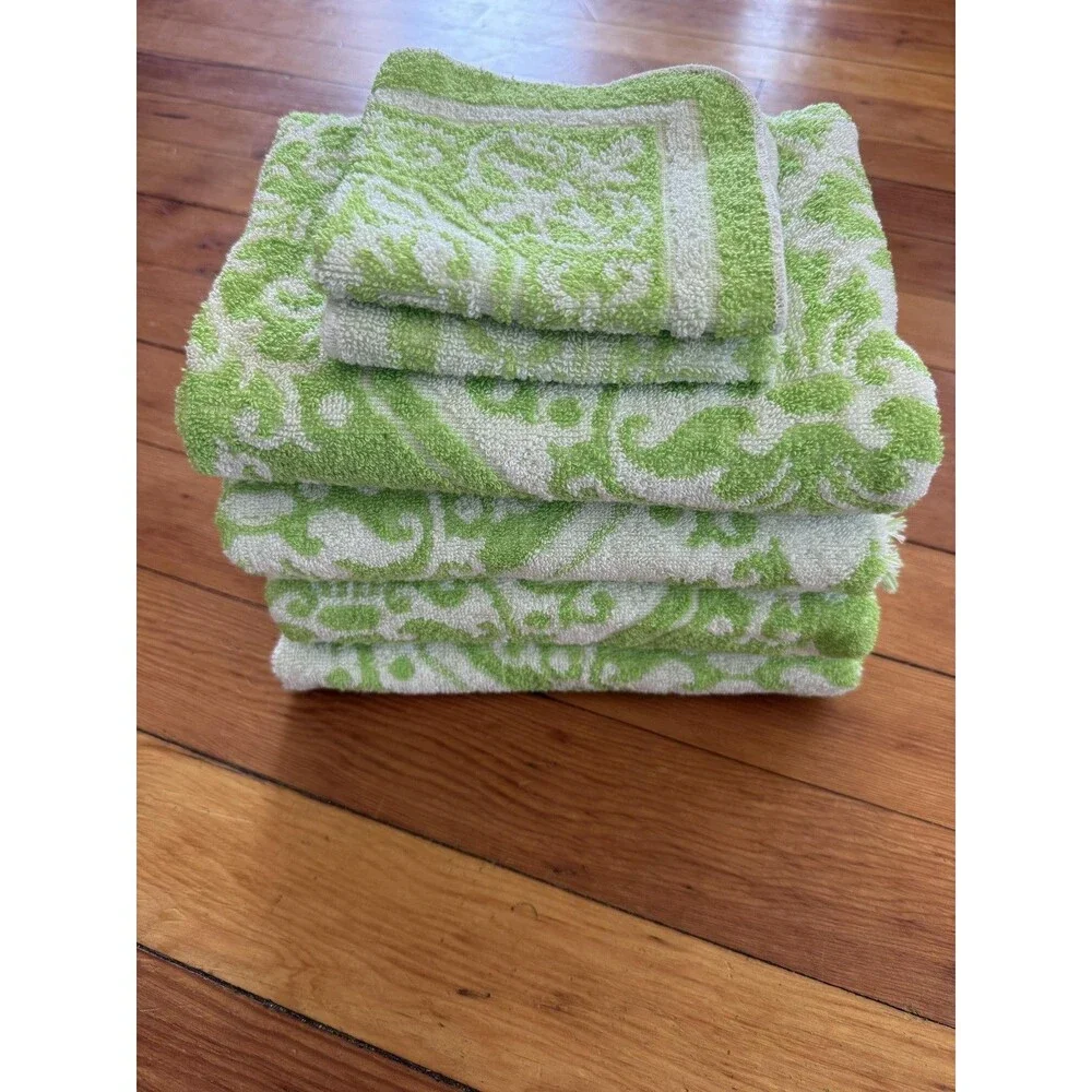 Green Fluer-de-lis Bath Towel Set 6pc Terry Cotton Blend Made USA Fringe